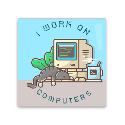 Image of 2x3 colorful magnet of a computer with a cat asleep on the keyboard