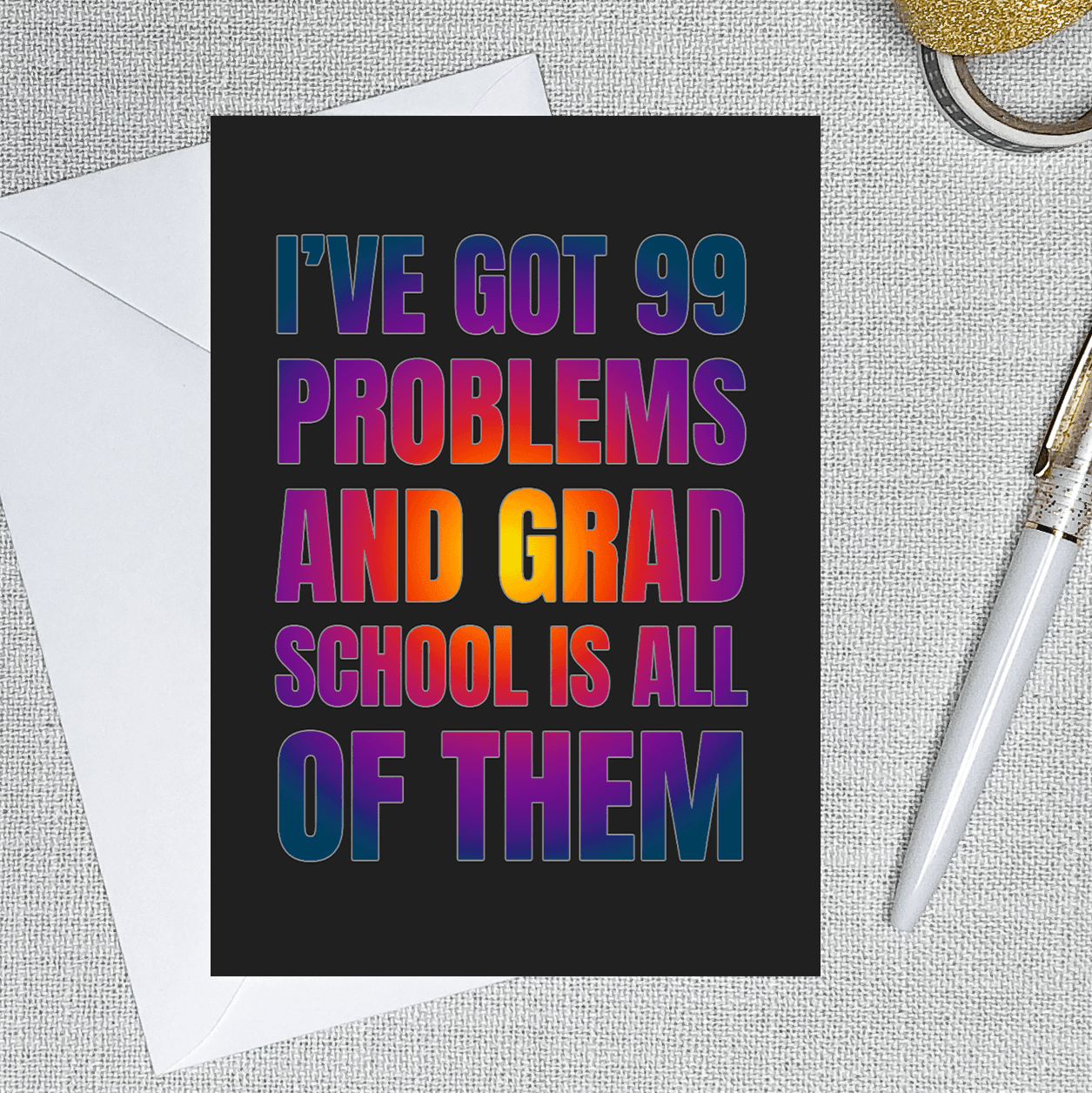 Image of a 4.13" x 5.83" greeting card with a graduate school theme