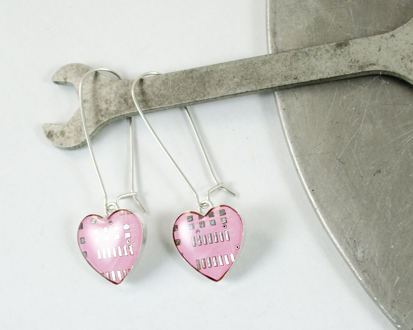 Pink Circuit Board Medium Heart Earrings