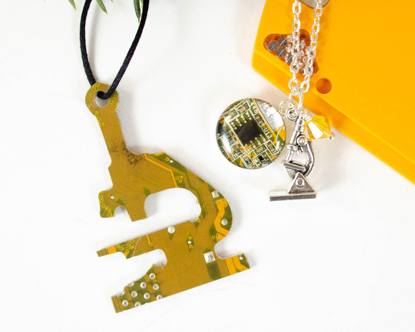 yellow circuit board ornament and coordinating microscope charm necklace