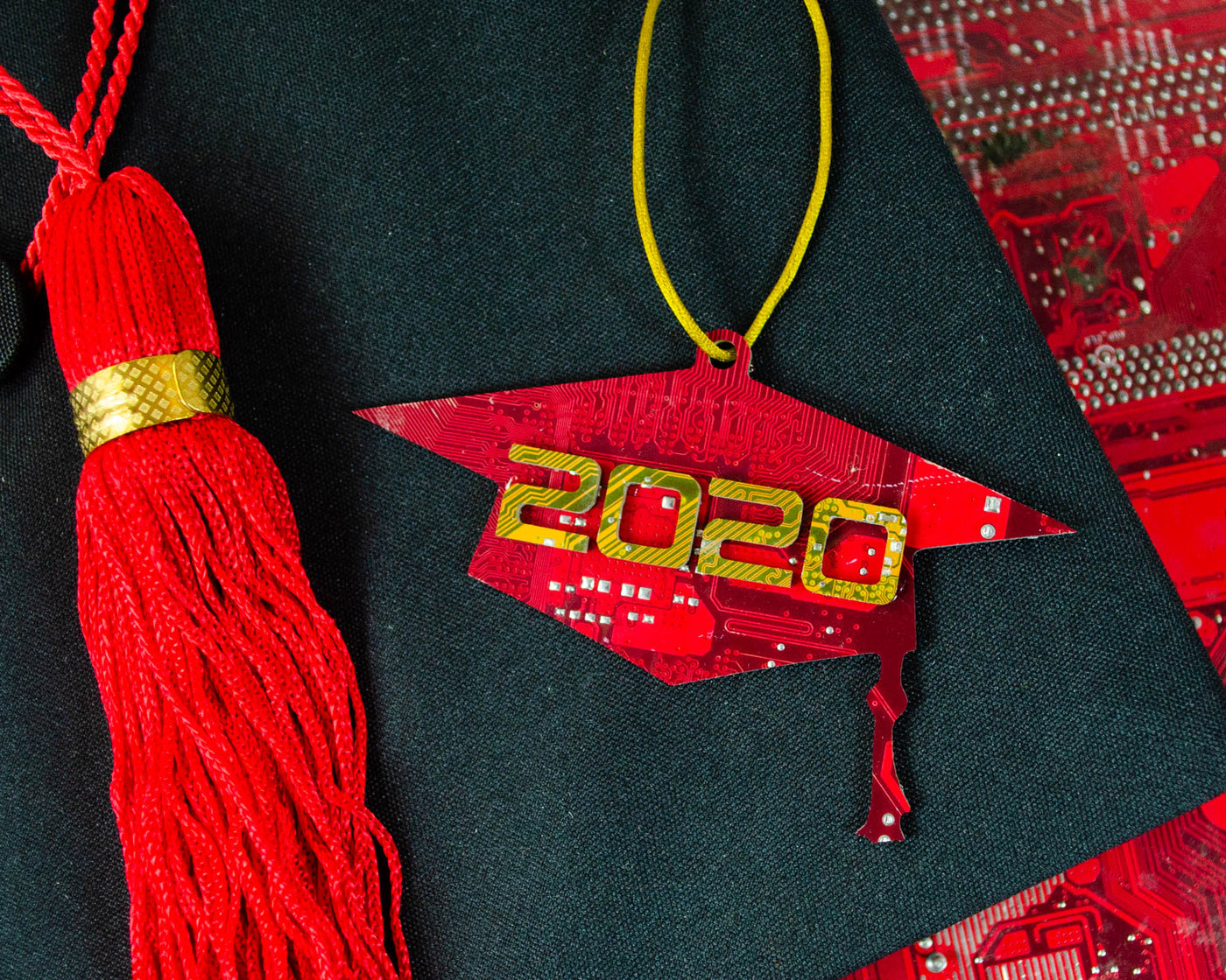 Handmade graduation cap ornament made from recycled circuit boards for 2020