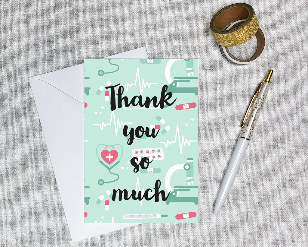 greeting card for healthcare worker that says thank you so much with medical supplies patterned background