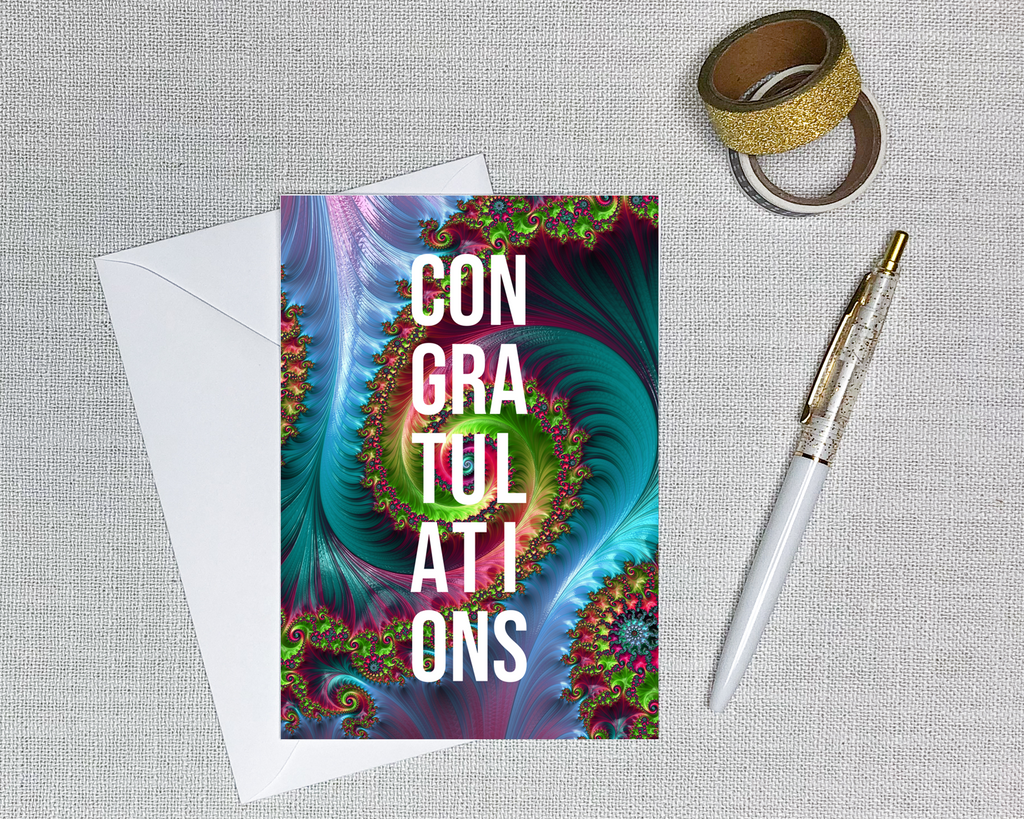 congratilations greeting card with rainbow fractal in the background for math