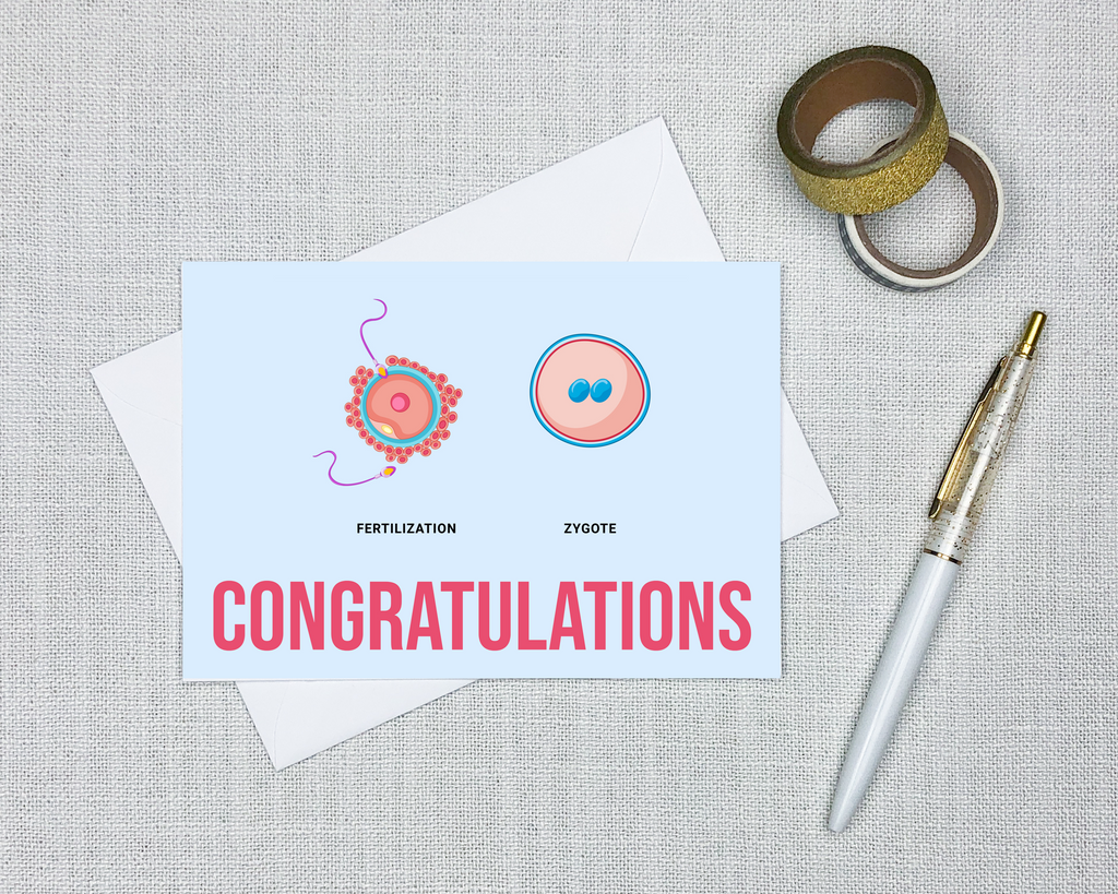 congratulations baby card with diagram of fertilization and zygote for new parents