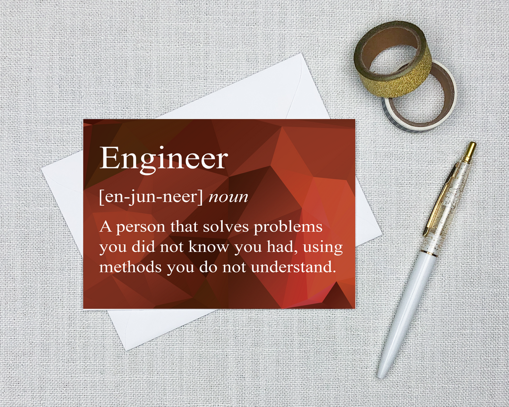 snarky definition greeting card with a bright geometric background that says engineer