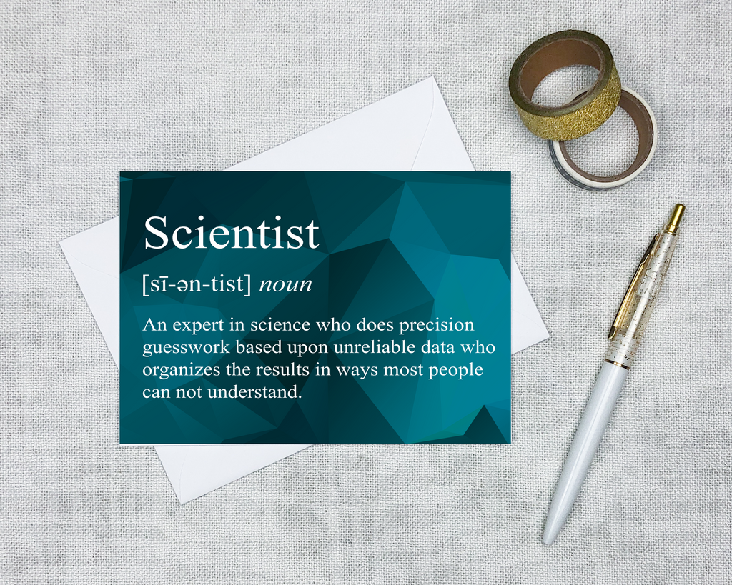 snarky definition greeting card with a bright geometric background that says scientist