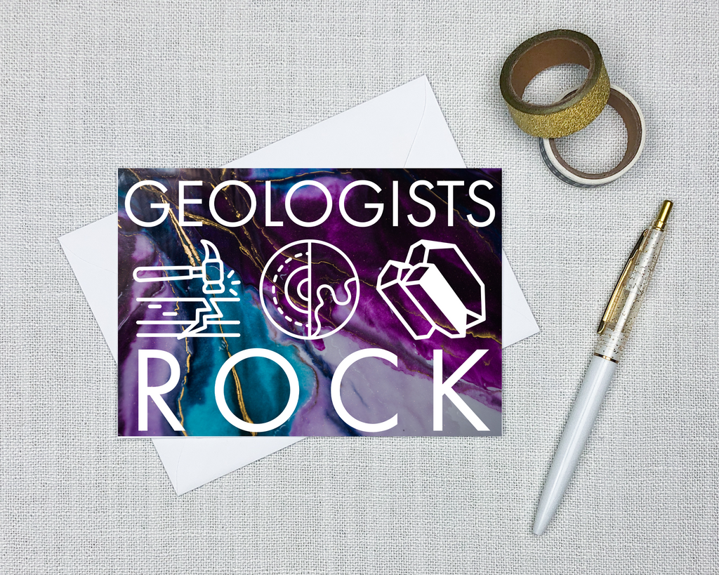 this funny geology card has a gemstone background and text that says geologists rock