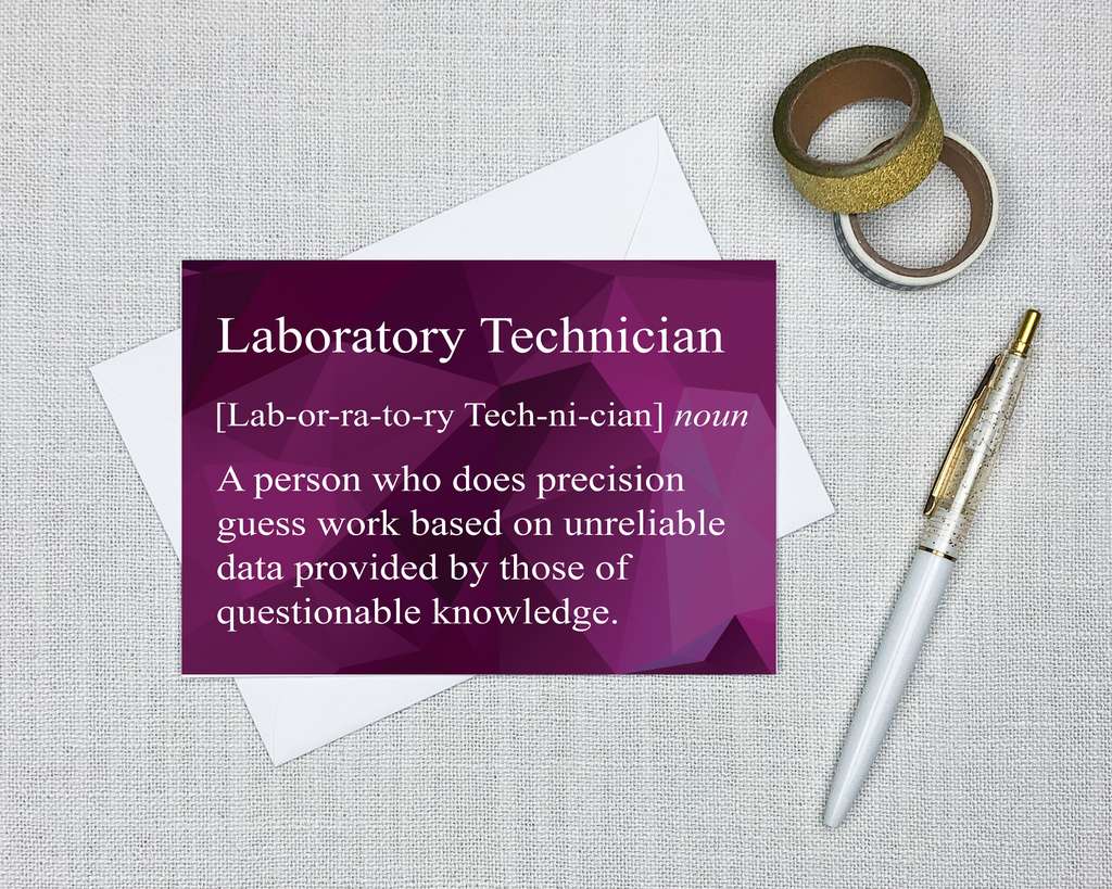 snarky definition greeting card with a bright geometric background that says laboratory technician
