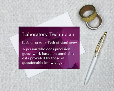 snarky definition greeting card with a bright geometric background that says laboratory technician