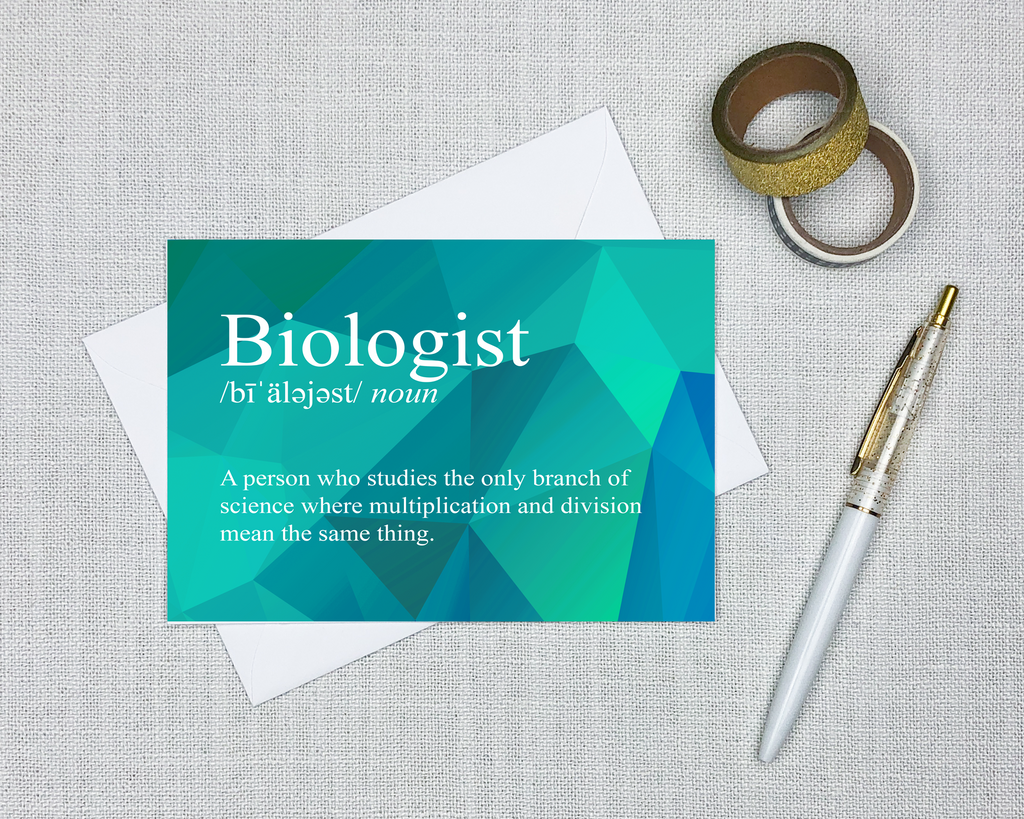 snarky definition greeting card with a bright geometric background that says biologist