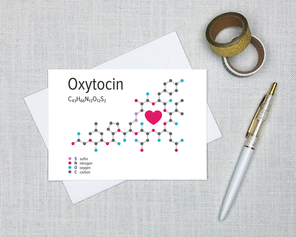 biochemistry greeting card with a picture of the molecular structure of oxytocin and the chemical formula