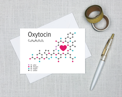 biochemistry greeting card with a picture of the molecular structure of oxytocin and the chemical formula