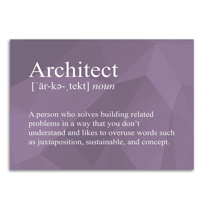 Image of a vinyl sticker that is 3 inch on its longest side with text snarkily defining an architect
