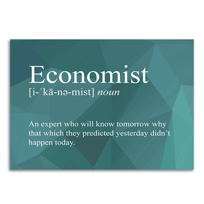 Image of a vinyl sticker that is 3 inch on its longest side with text snarkily defining an economist