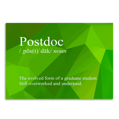 Image of a vinyl sticker that is 3 inch on its longest side with text snarkily defining a postdoc