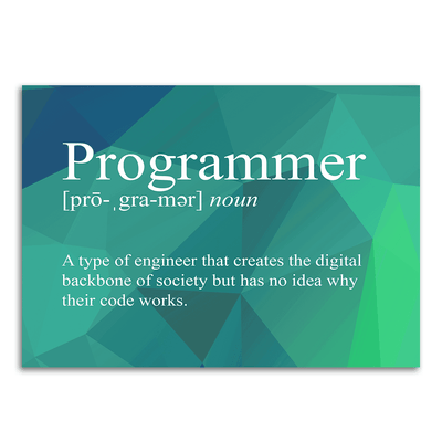Image of a vinyl sticker that is 3 inch on its longest side with text snarkily defining a programmer