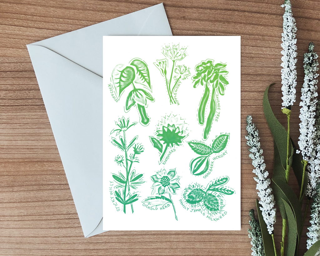 botay greeting card that is snarky with drawings of plants with rude names