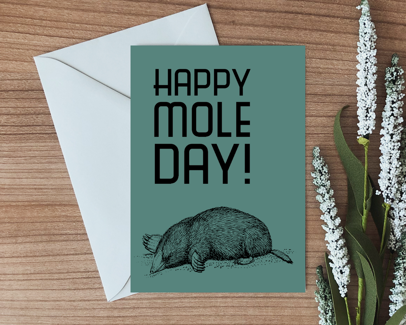 Chemistry greeting card for mole day with a picture of a mole in a beaker
