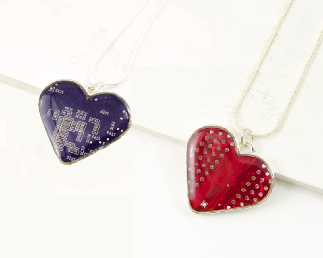 red and purple circuit board heart necklace