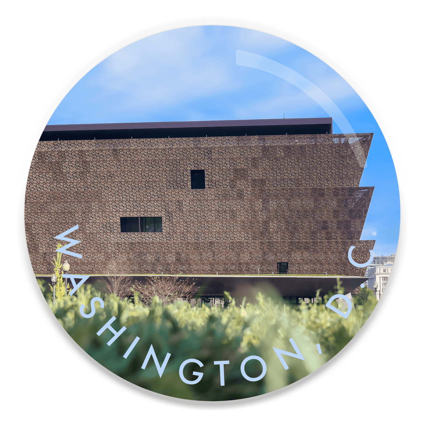 2.25 inch round colorful magnet with image of African American museum in Washington dc
