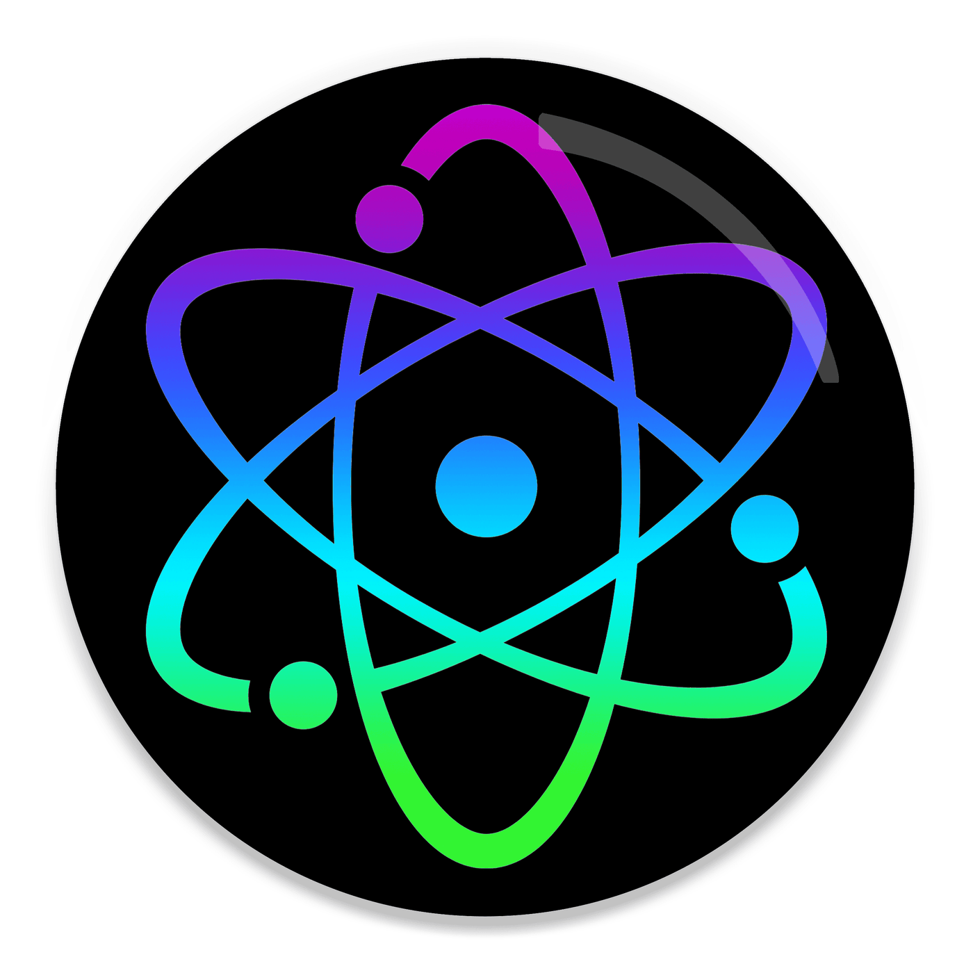 2.25 inch round colorful magnet with image of an atom in green blue and purple