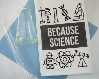 because science printed kitchen towl featuring design with beaker, dna, microscope, robot, atom, and telescope