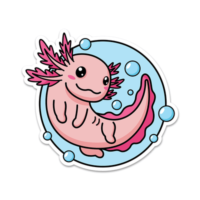 Image of a vinyl sticker that is 3 inch on its longest side with an Axolotl in a bubble