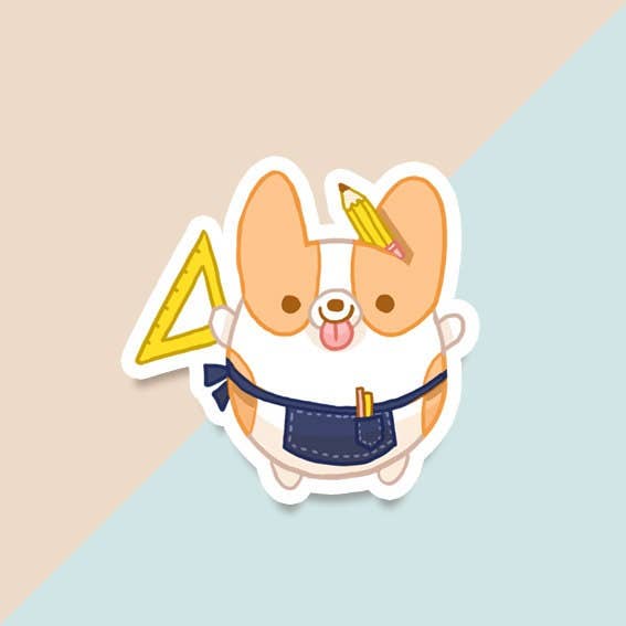 Handyman Corgi with Pencil and Ruler - Vinyl Sticker