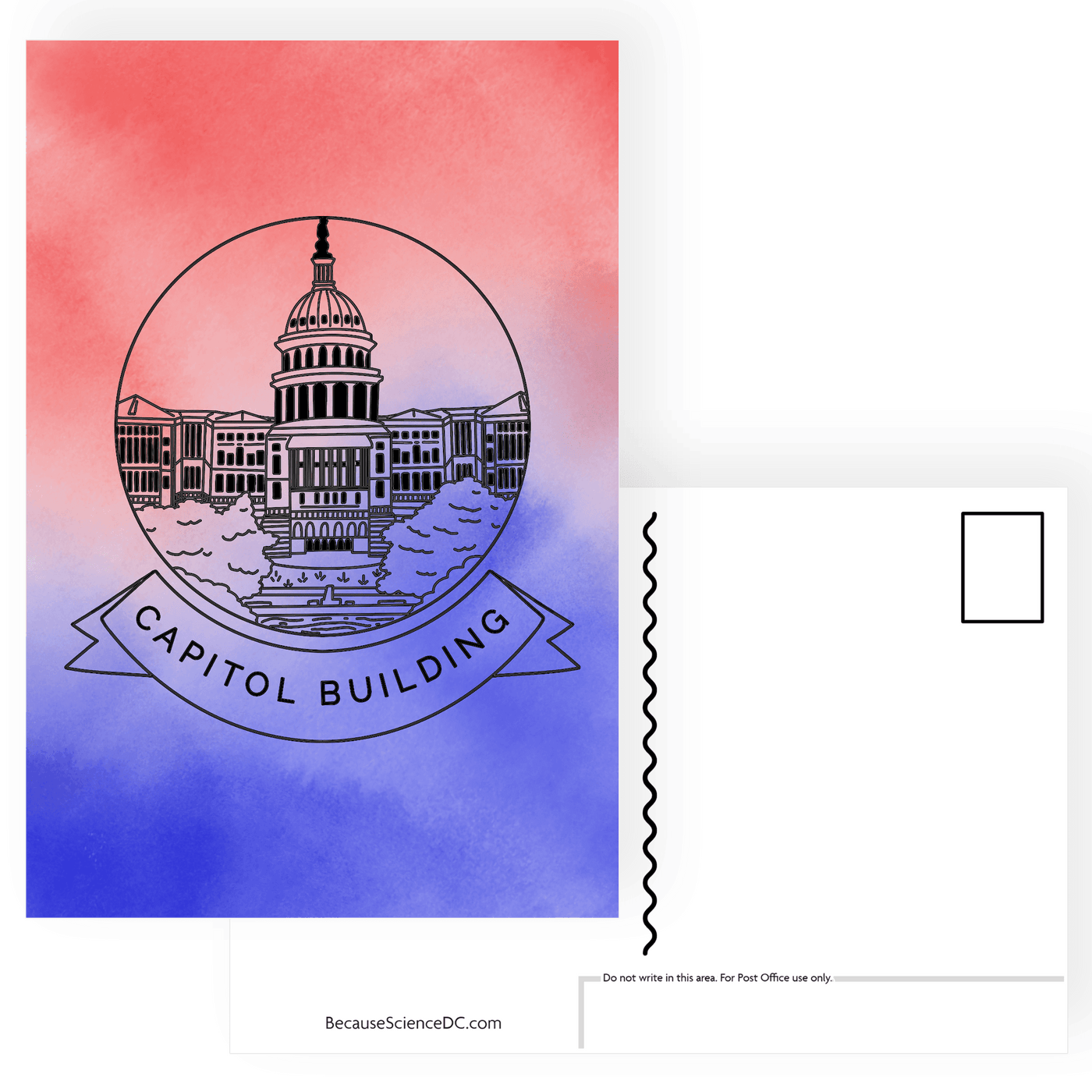 postcard with illustration of the united states capitol building on a background of red white and blue