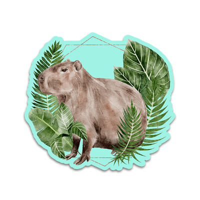Image of a vinyl sticker that is 3 inch on its longest side with a capybara theme