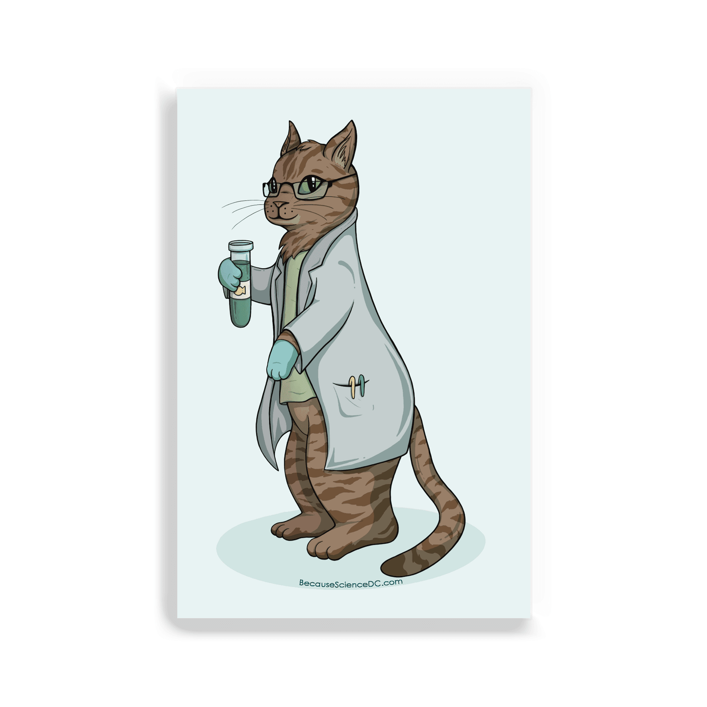 2x3 colorful magnet with image of a cat in a lab coat holding a test tube