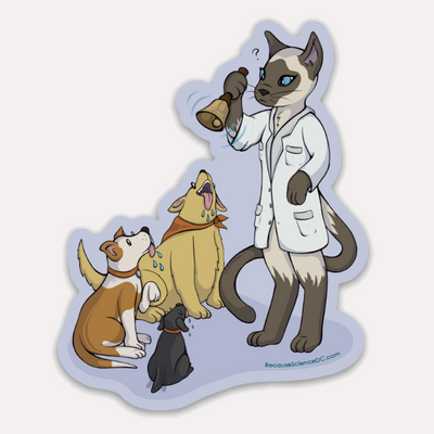 cute illustrated sticker of a cat as pavlov ringing a bell for three dogs