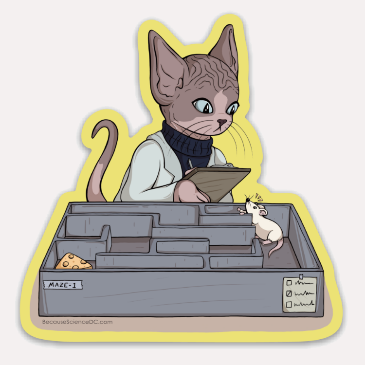 cute illustrated sticker of a cat running a lab rat maze