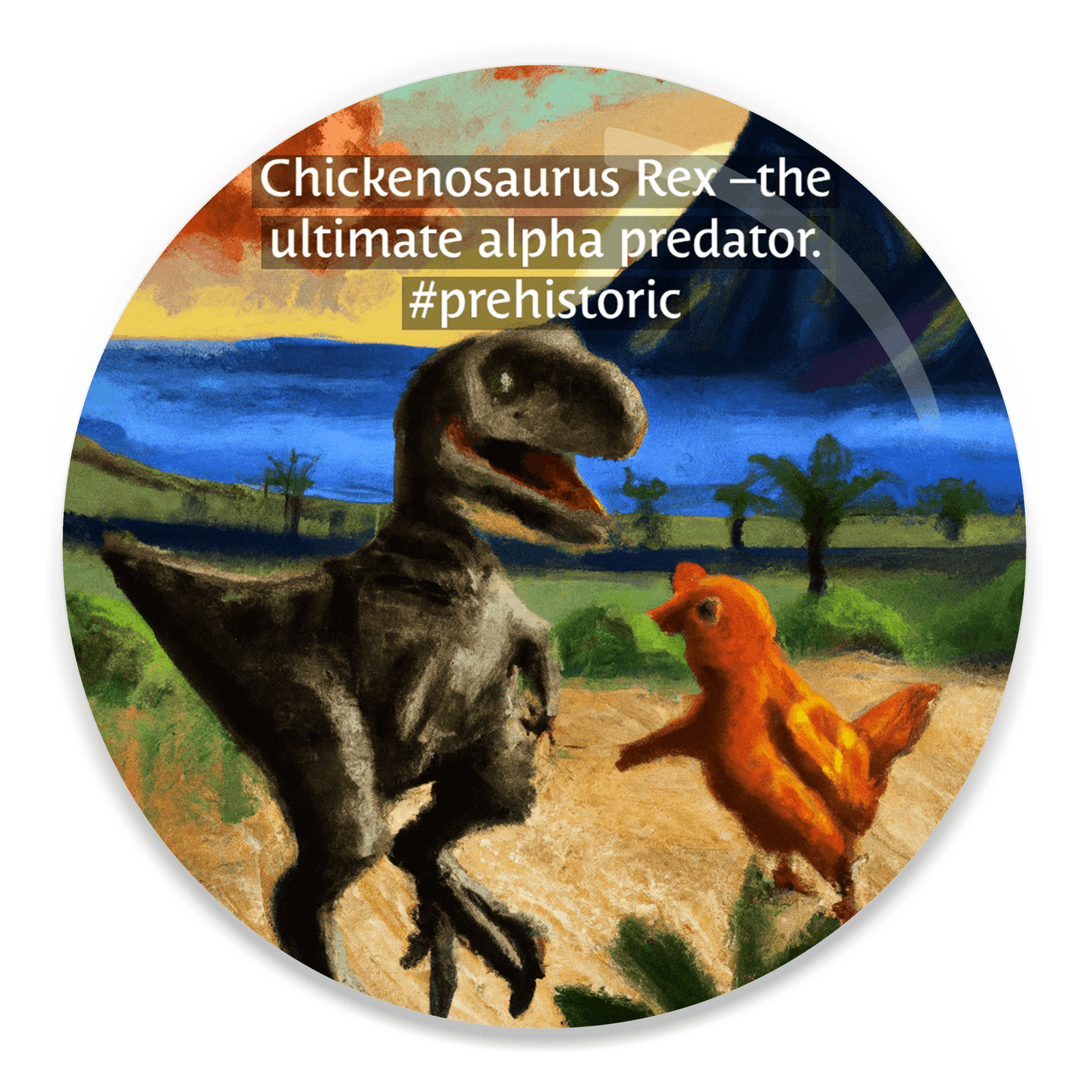 2.25 inch round colorful magnet with image of funny image of dinosaur and chicken