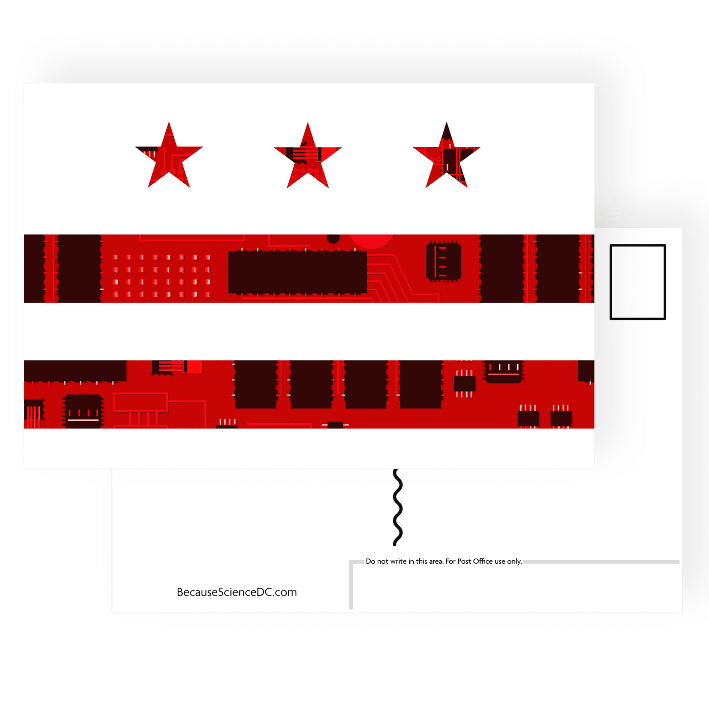postcard with an illustration of the DC flag made from red circuit board