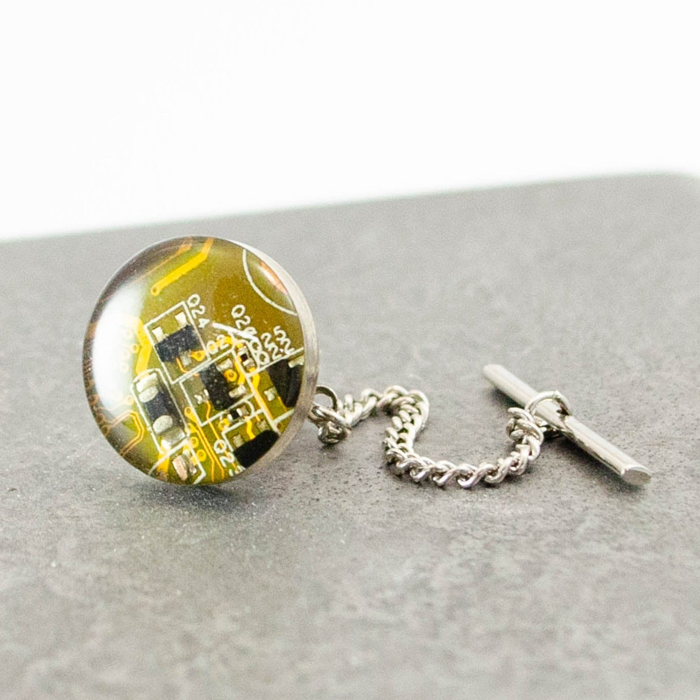 handmade recycled computer motherboard yellow tie tack with chain toggle