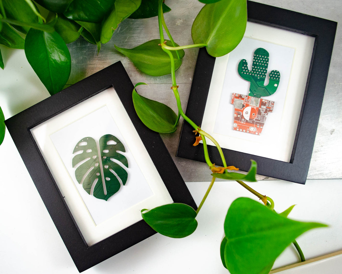 handmade recycled circuit board framed art piece for your desk inspired by houseplants. Custom art pieces feature monstera and potted cactus imagery 