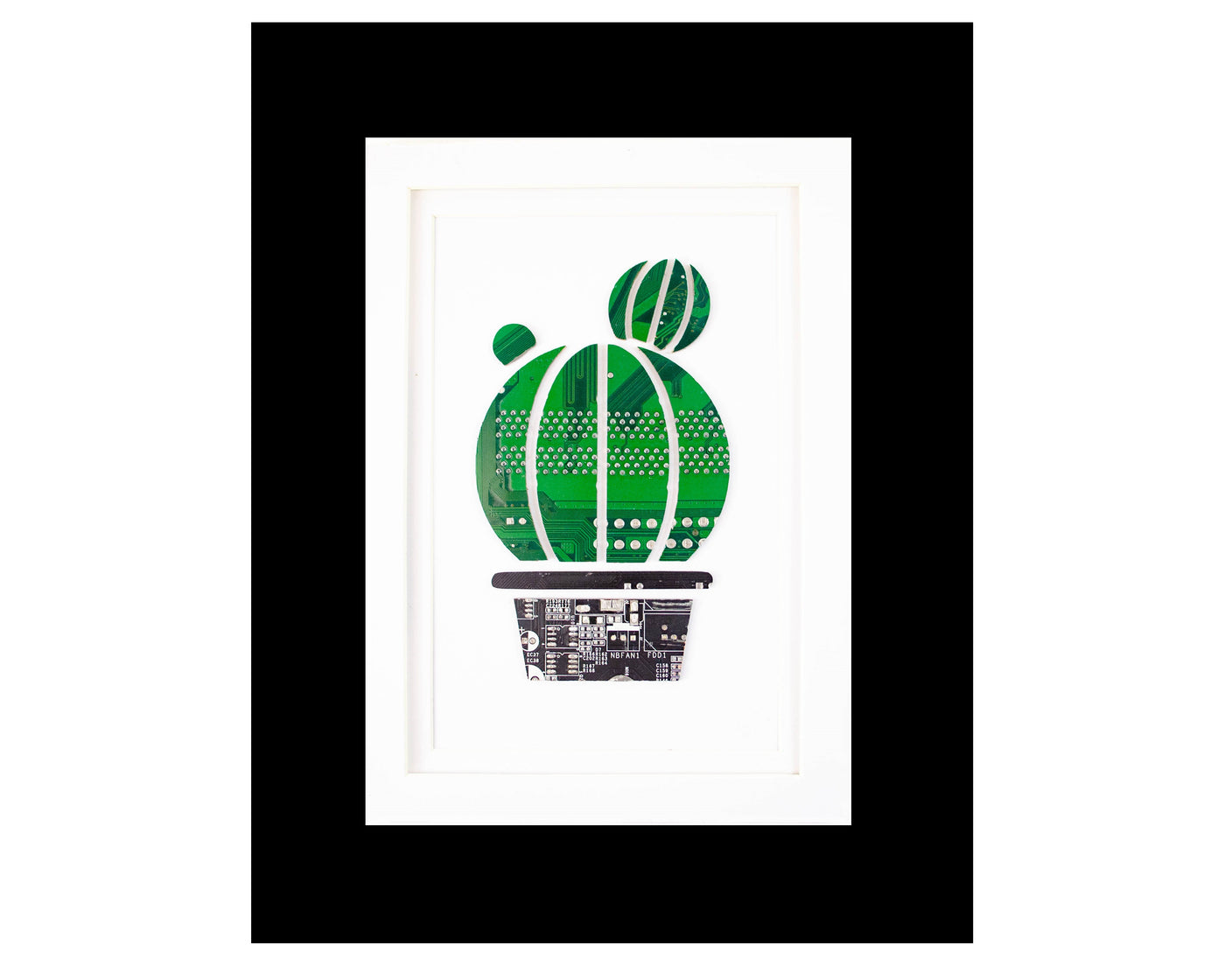 handmade recycled circuit board framed art piece in shape of potted barrel cactus