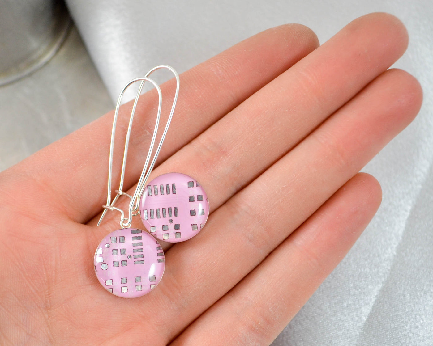 Pink Circuit Board Dangle Earrings