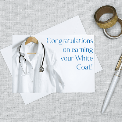 Image of a 4.13" x 5.83" greeting card with a congratulatory theme 