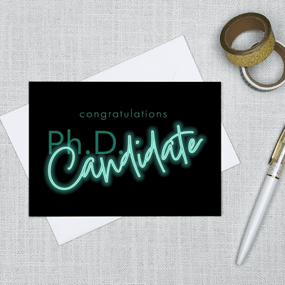 Image of a 4.13" x 5.83" greeting card with a Ph.D. candidate theme