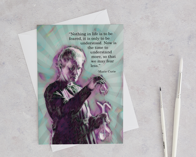 Marie Curie blank greeting card with envelope with a modern computer designed image