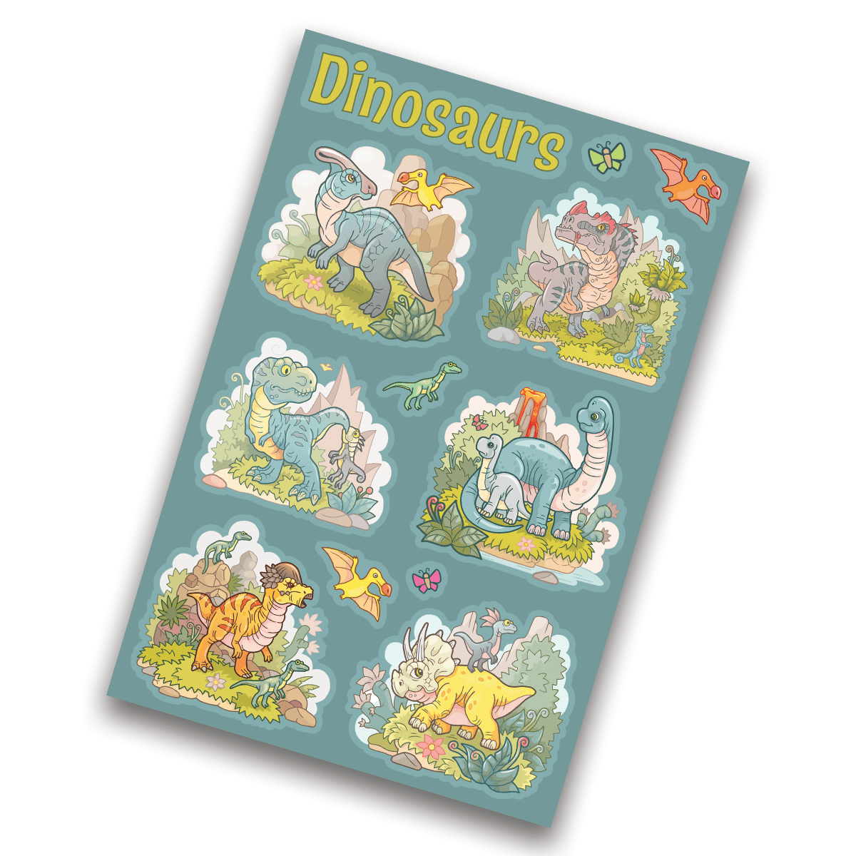 Image of a 4x6 vinyl sticker sheet with a dinosaurs theme