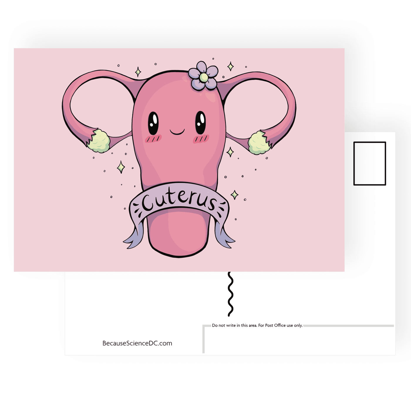 postcard with an illustration of a uterus with a banner spelling out cuterus