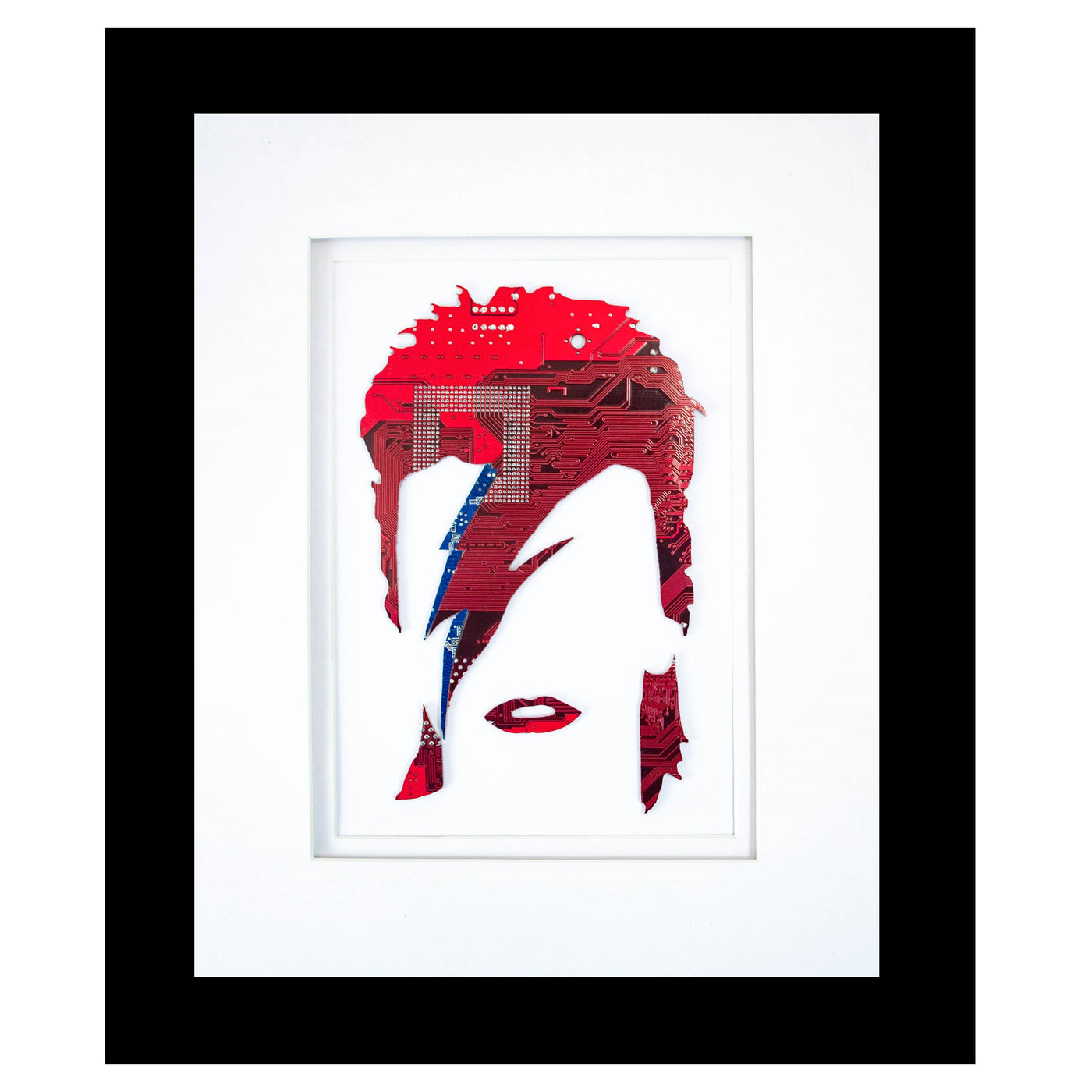 david bowie portrait made from recycled circuit boards and framed in a black frame