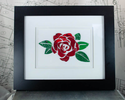 custom red rose framed artwork made from recycled circuit boards