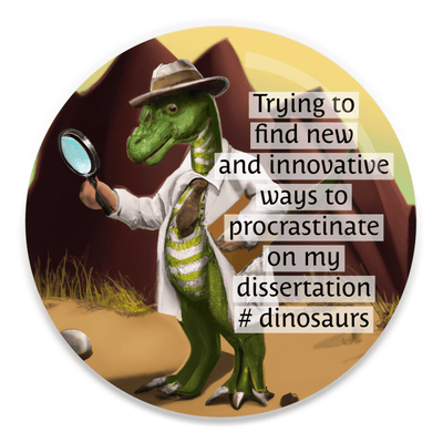 2.25 inch round colorful magnet with image of a dinosaur in a coat