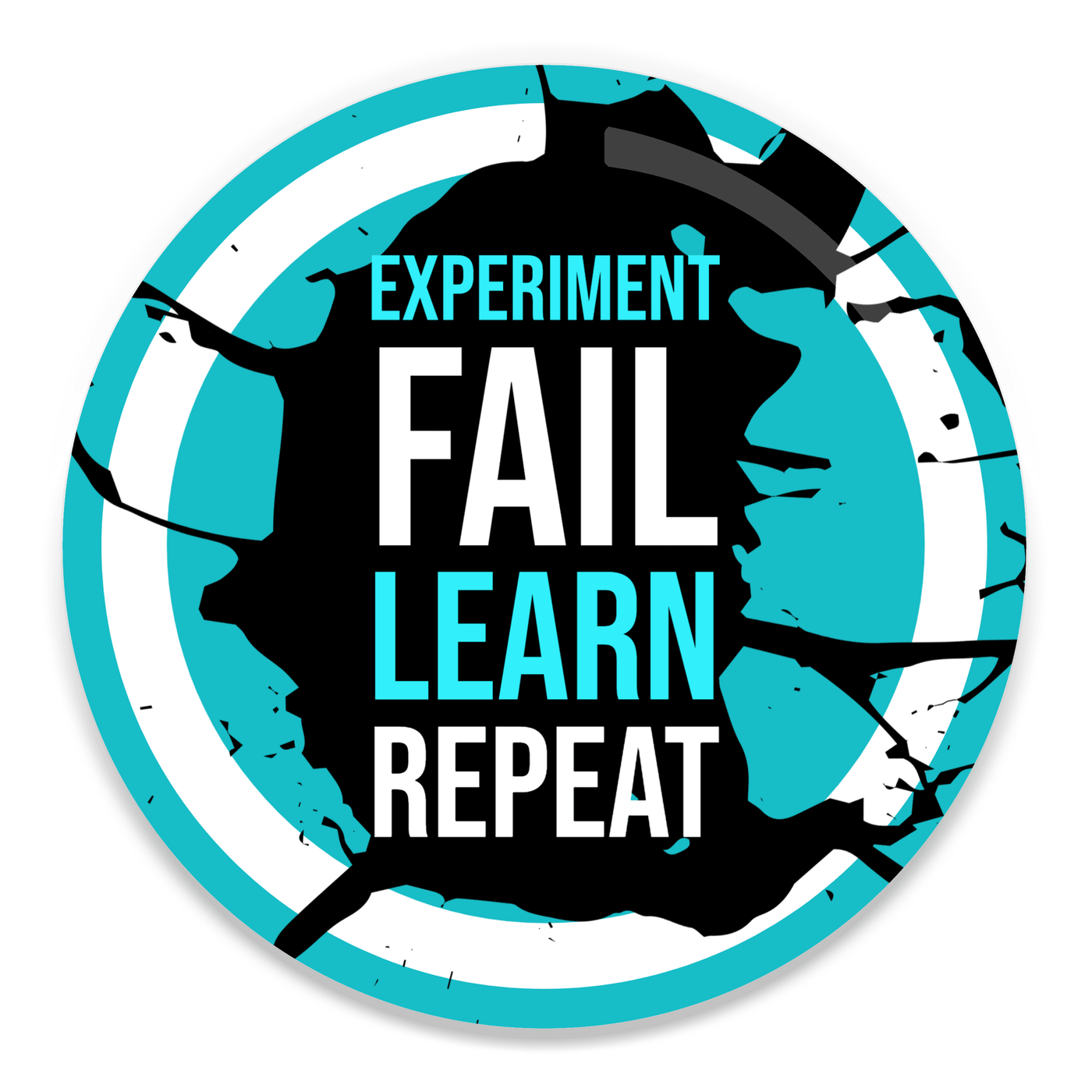 2.25 inch round colorful magnet with image of text saying experiment fail learn repeat