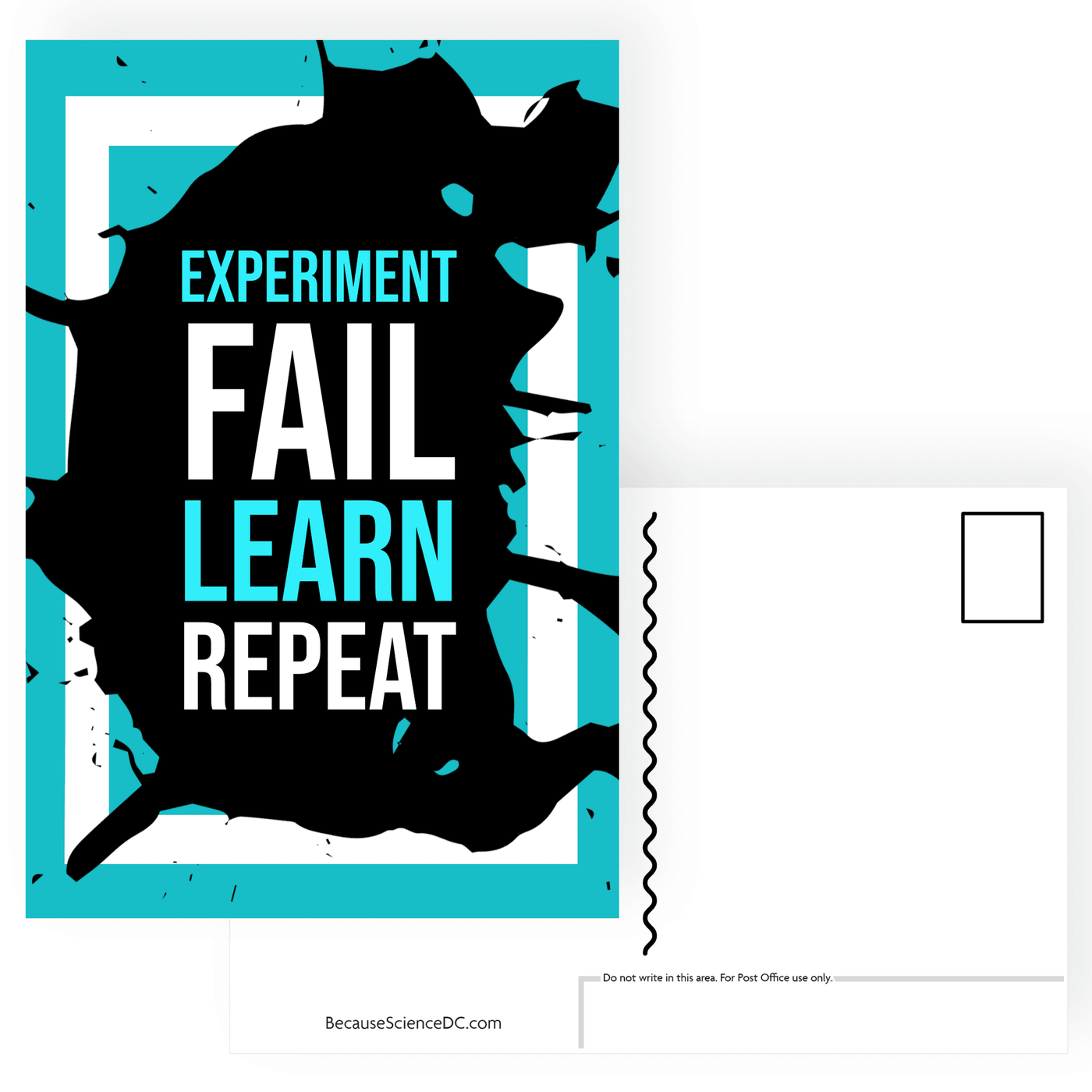 postcard in blue and black that spells out experiment fail learn repeat
