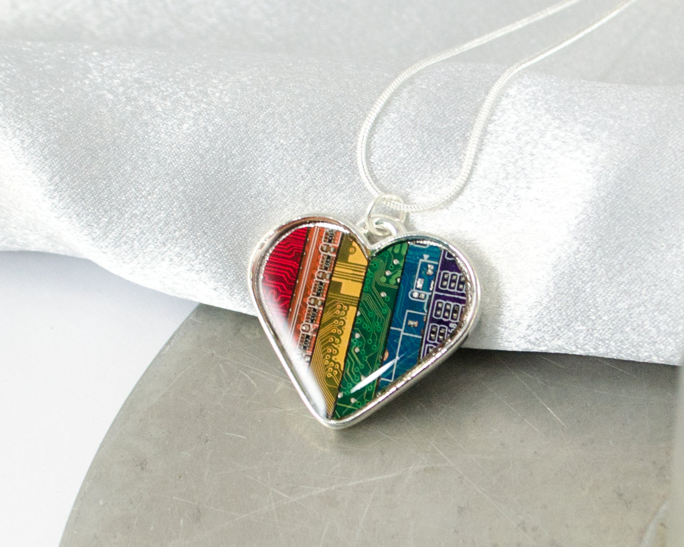 rainbow circuit board heart necklace